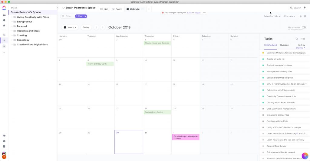 The Calendar view in Clickup for Spoonie Bloggers